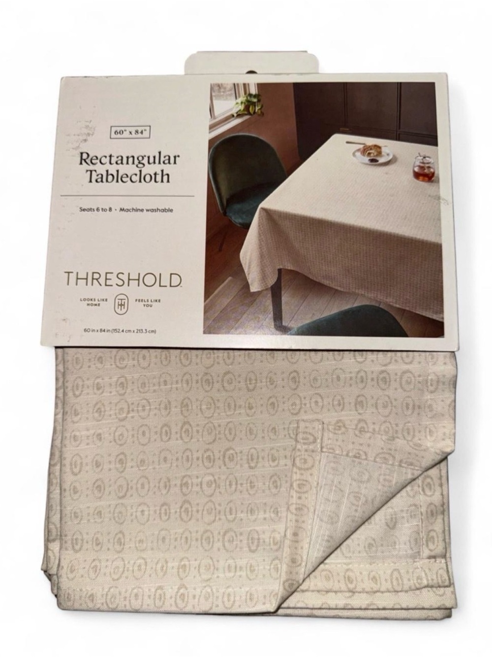 Threshold Beige Rectangular Tablecloth with Subtle Geometric Pattern